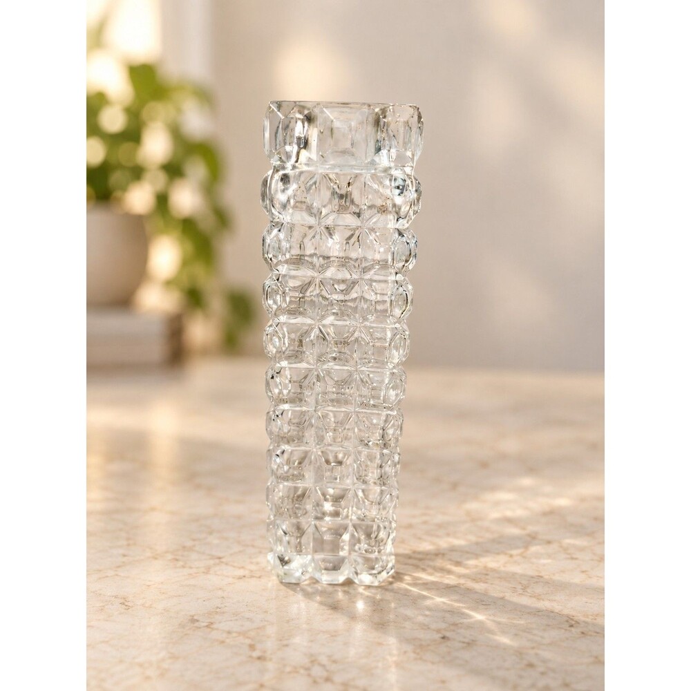 Vintage Clear Pressed Glass Bud Vase Geometric Bubble Starburst Pattern 7” Tall